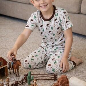 Cowboy Pajama Set Organic Wild‎ Wild West 2pcs Western Sleepwear Sz 7Y NEW